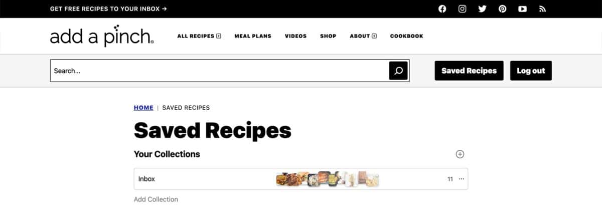 Screen capture image showing how to access saved recipes on addapinch.com