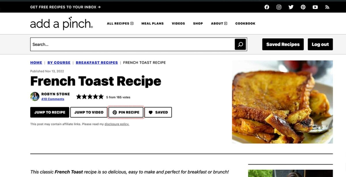 Image of recipe post for French Toast on addapinch.com