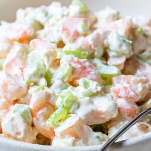 Bowl of shrimp dip with spoon.