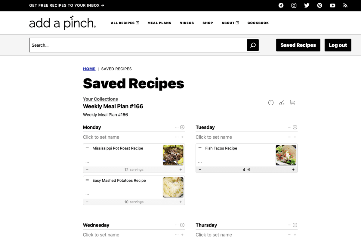 Image from Add a Pinch showing an Add a Pinch Weekly Meal Plan shared with readers.