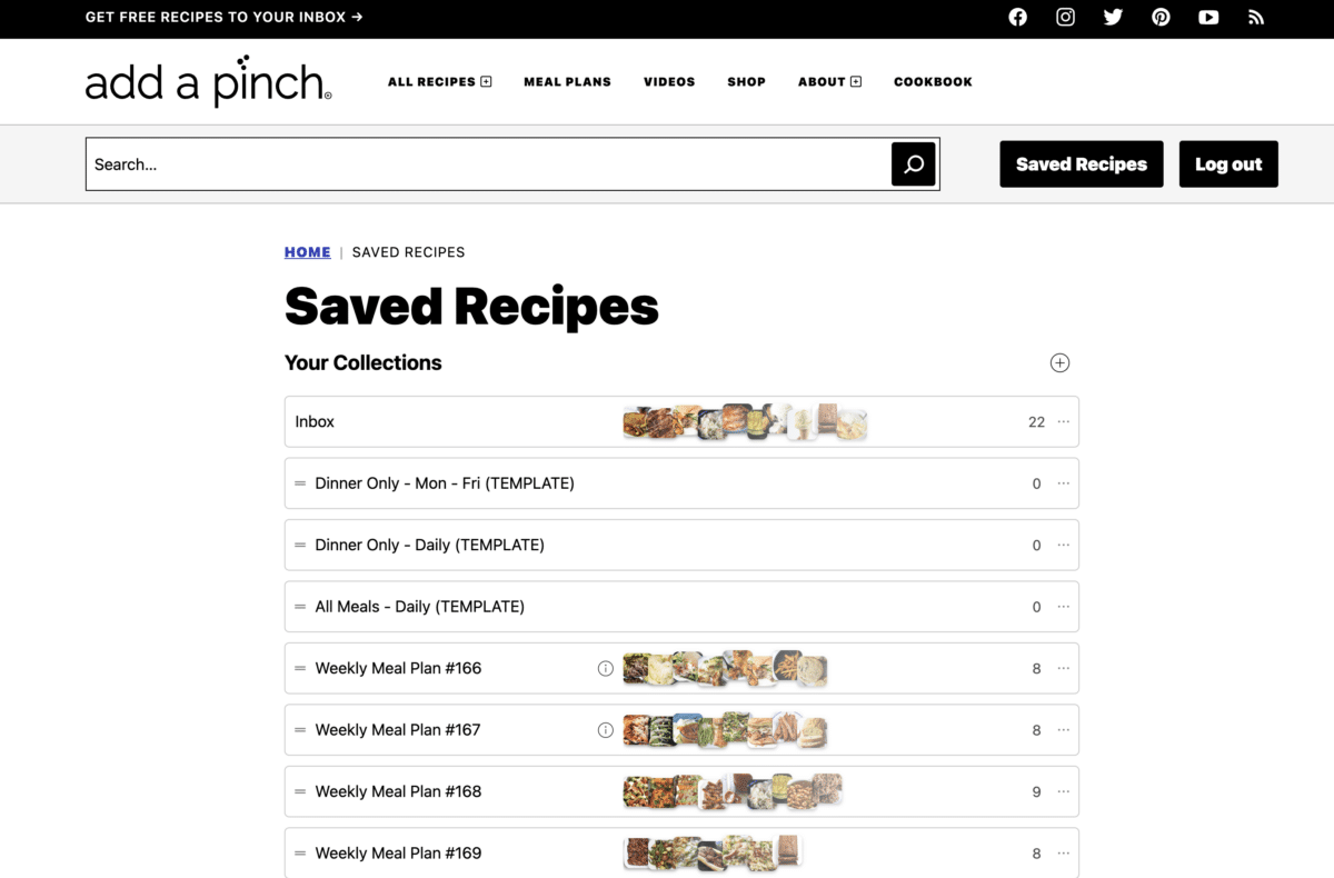 Image of Saved Recipes page on Add a Pinch.