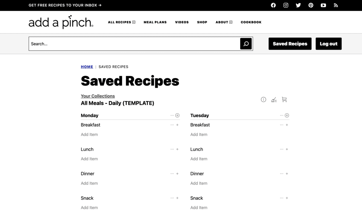Image from Add a Pinch showing a blank meal plan template.