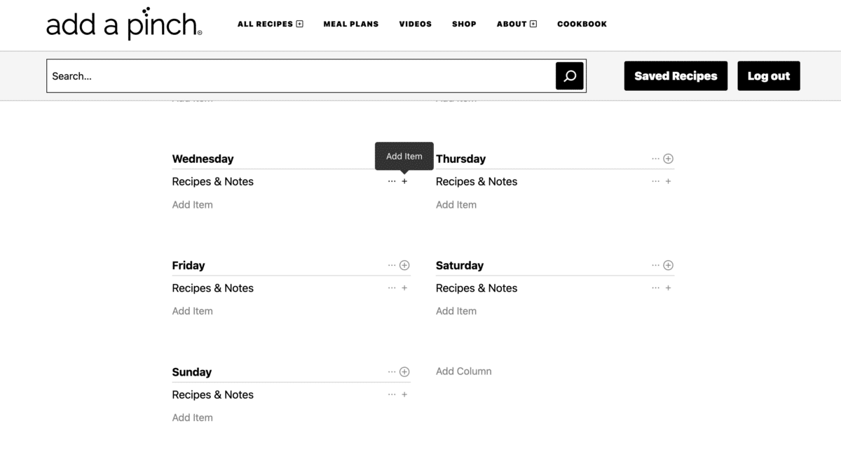 Image from Add a Pinch showing how to Add Item to Meal Plan.