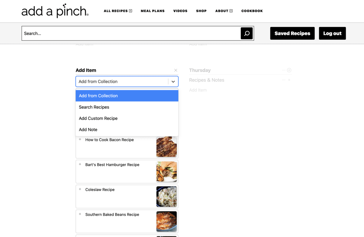Image from Add a Pinch showing how to add items to the meal plan