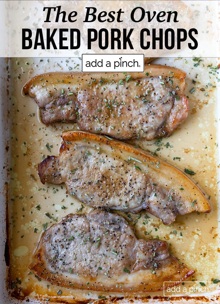 Baking dish with four seasoned pork chops -with text - addapinch.com