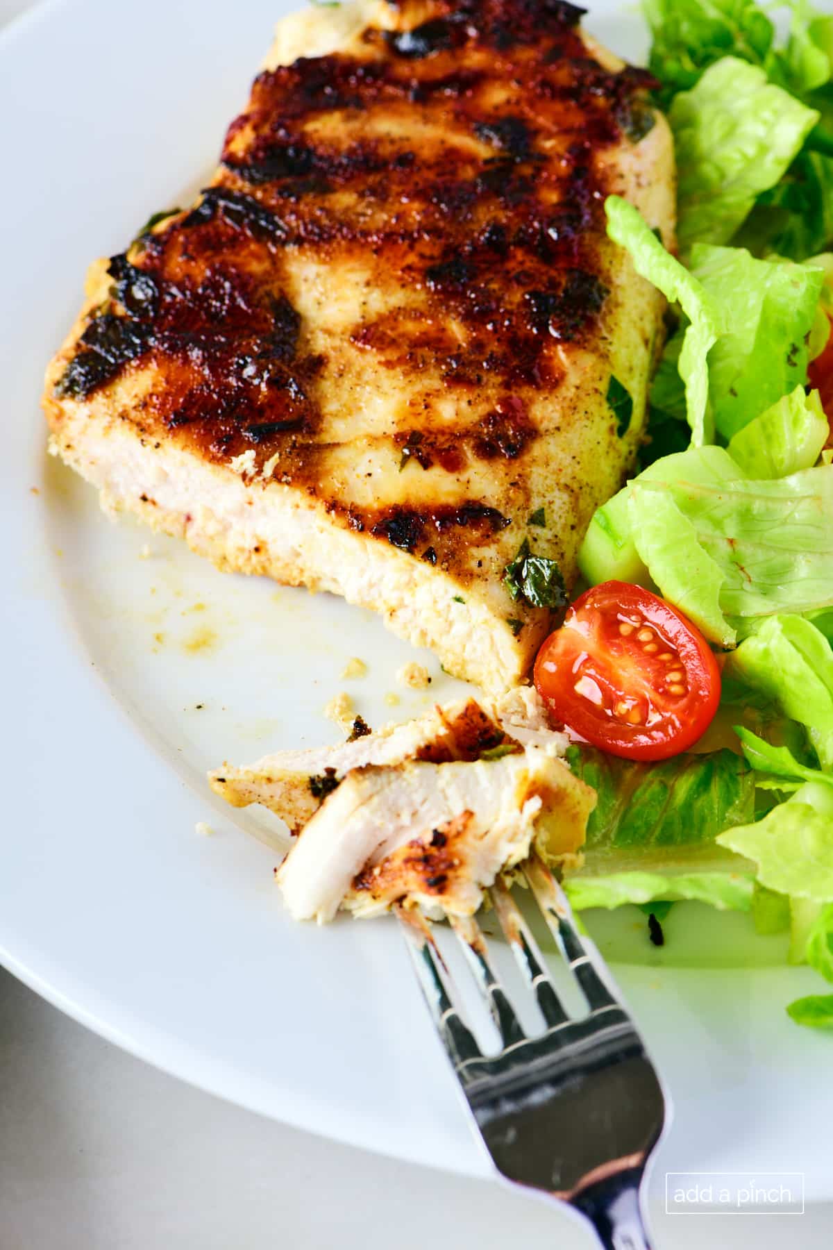 Grilled chicken on a white plate with a salad and a bite of grilled chicken on a fork. 
