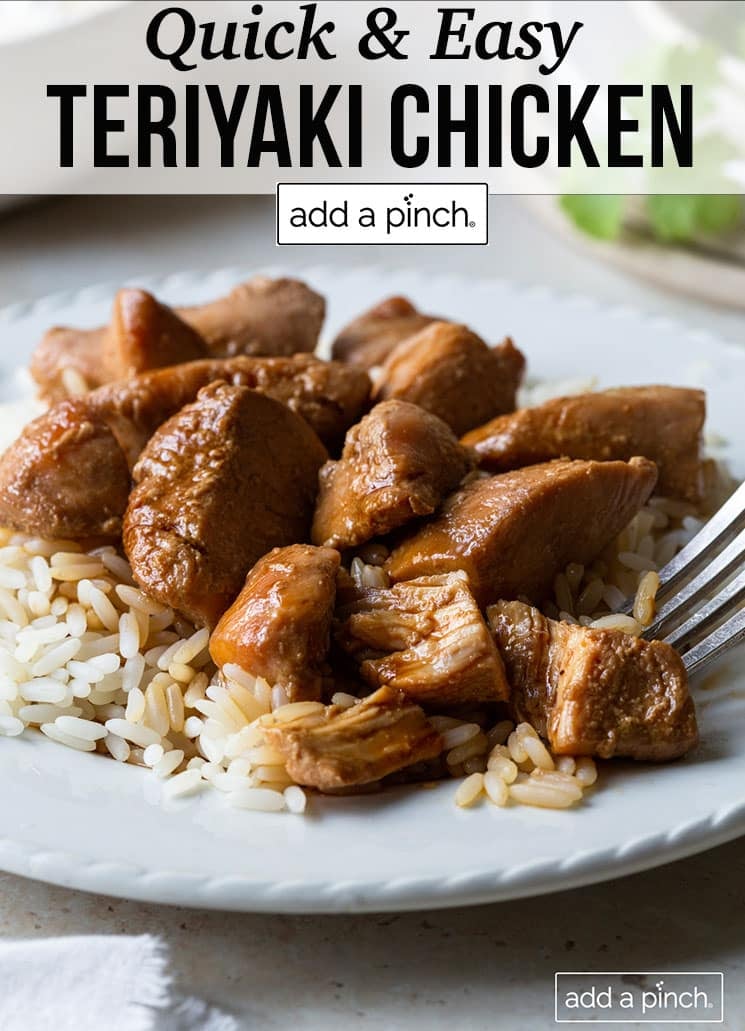 Teriyaki Chicken atop rice on white plate - with text - addapinch.com