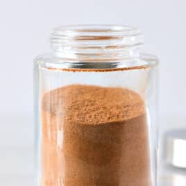 Closeup of glass spice container filled with apple pie spice.