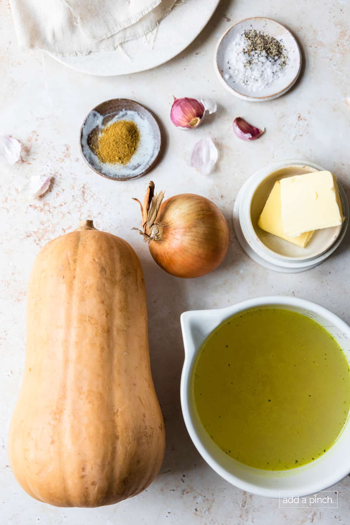Ingredients to make homemade butternut squash soup recipe.