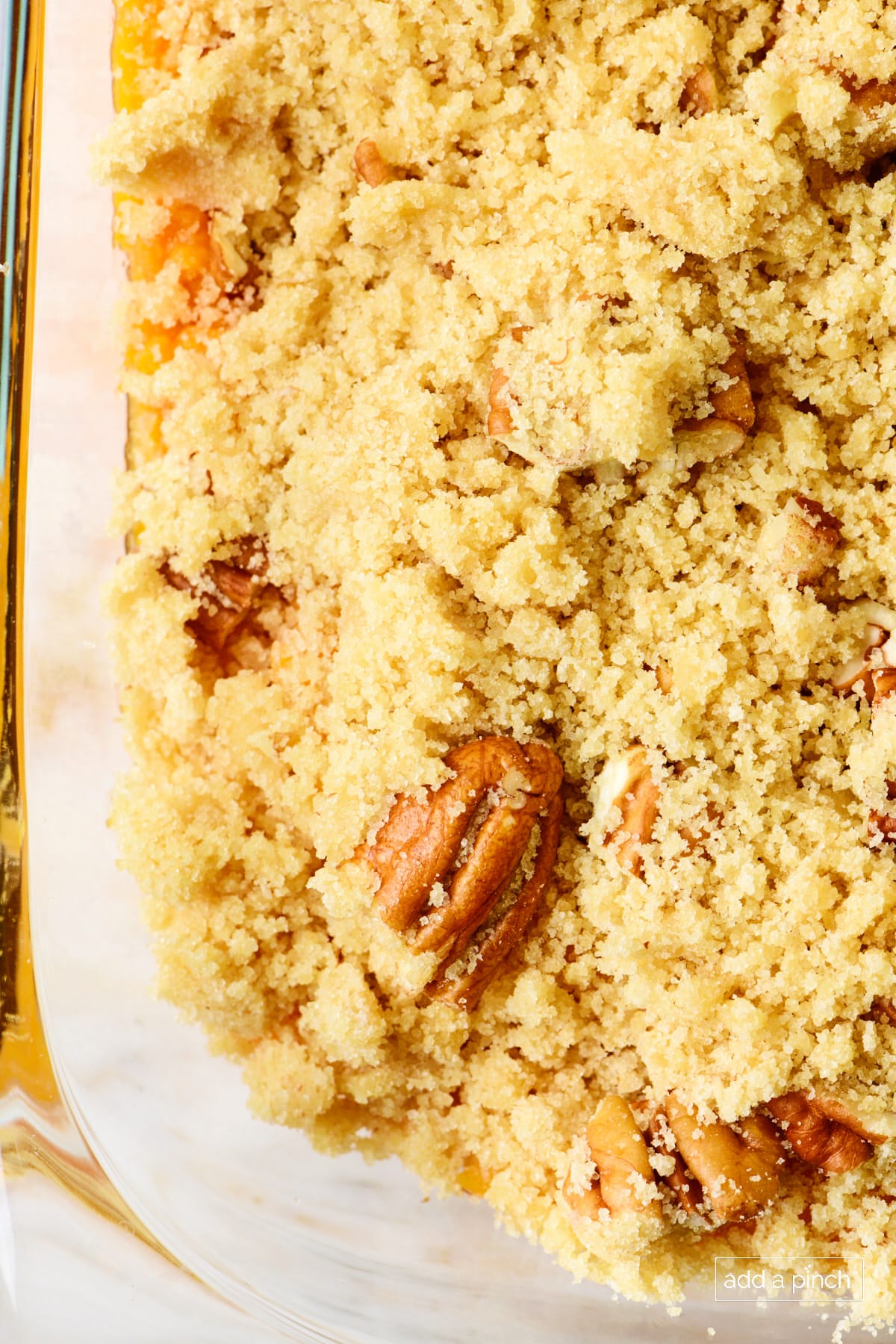 Closeup photograph of unbaked casserole with crumble topping with pecans.