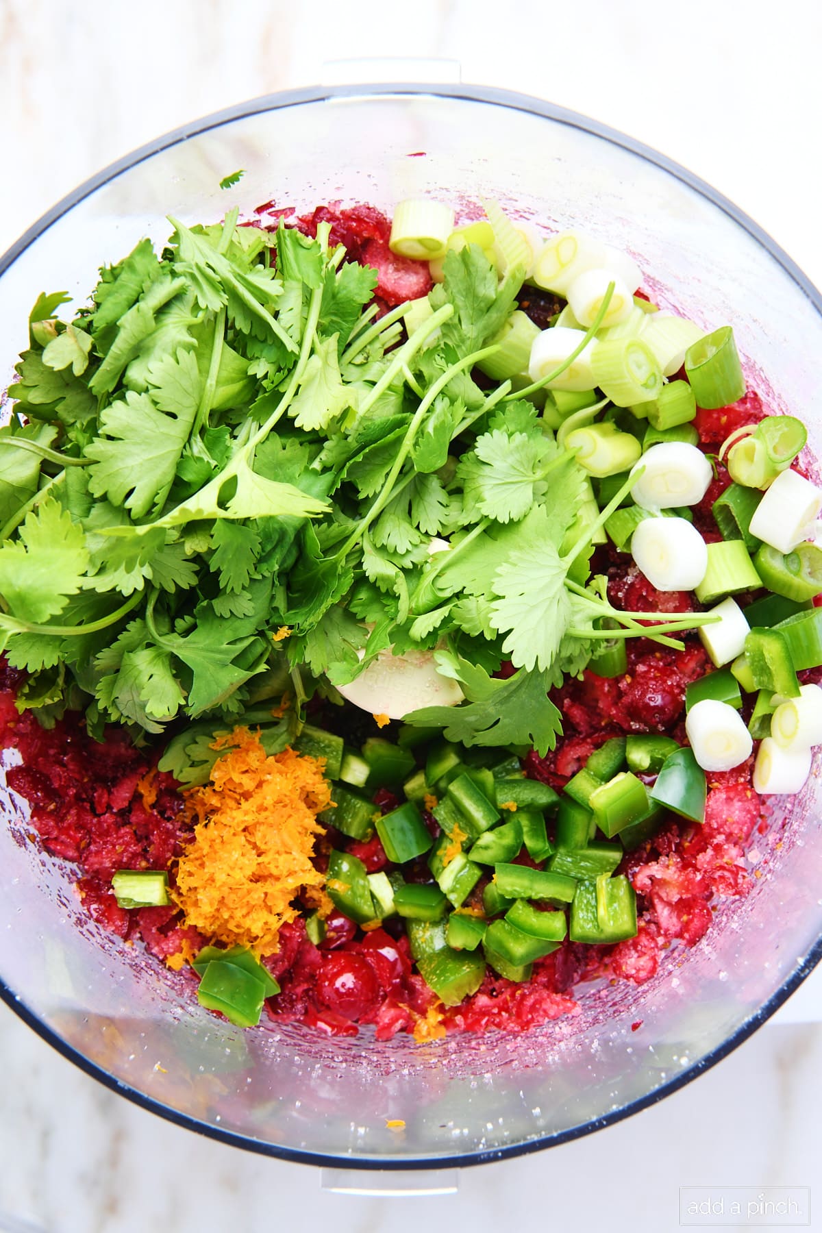 Food processor with cranberries, orange zest, chopped green onion, jalapeno, and cilantro ready to blend.