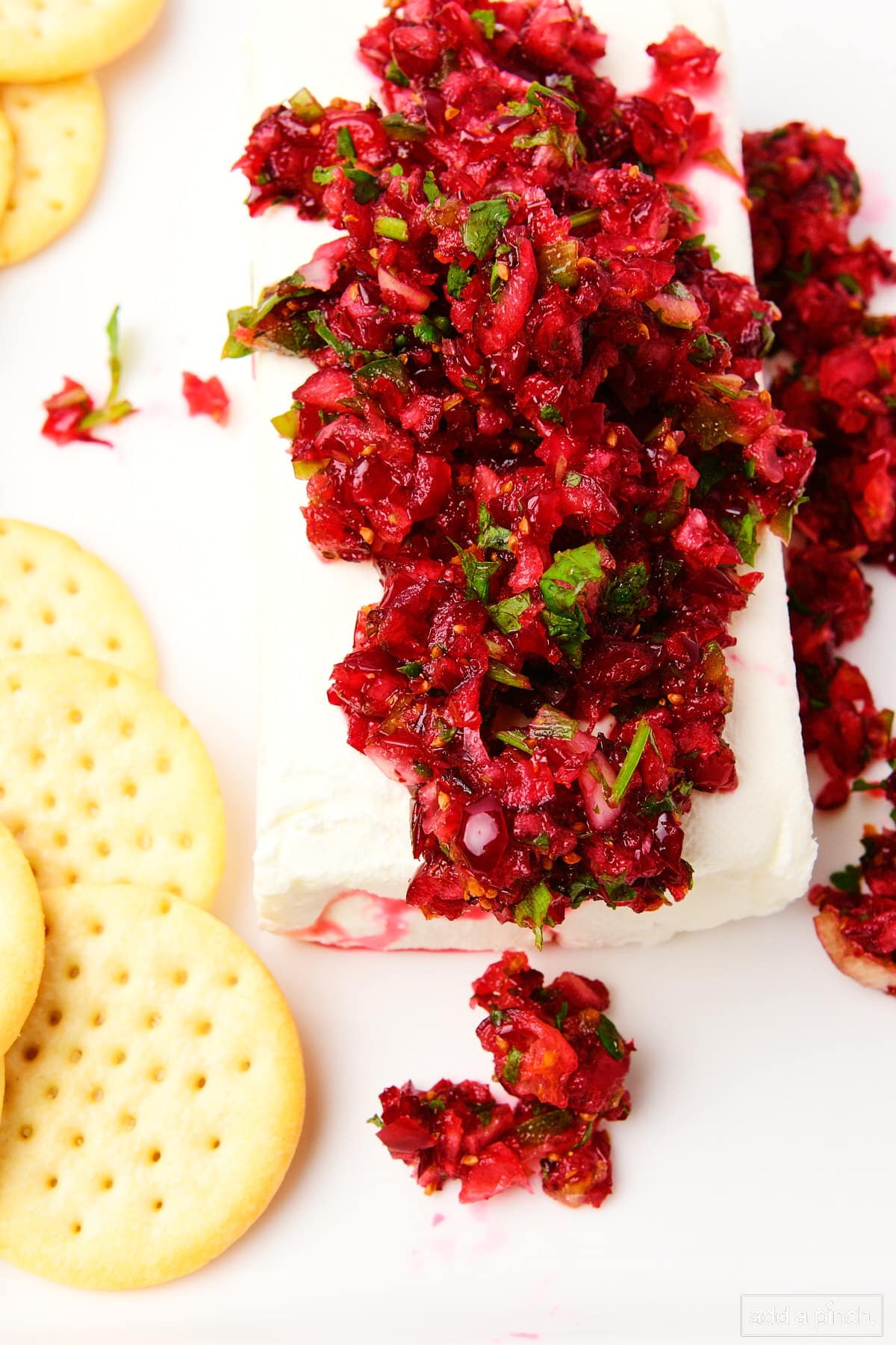 Serving platter holds round butter crackers, as well as cranberry salsa over cream cheese block.  