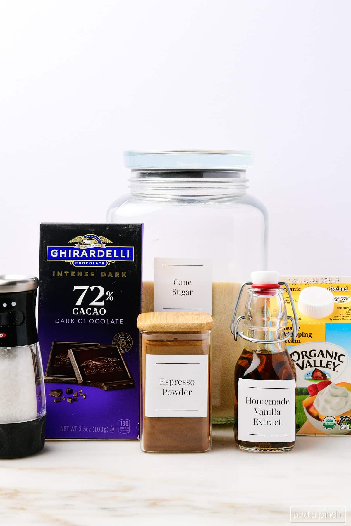 Ingredients used to make homemade hot chocolate recipe.