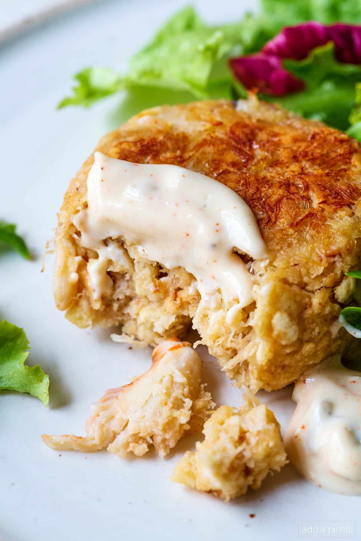 Lump crab meat shows in a bite of a crab cake served with a salad and a drizzle of sauce.