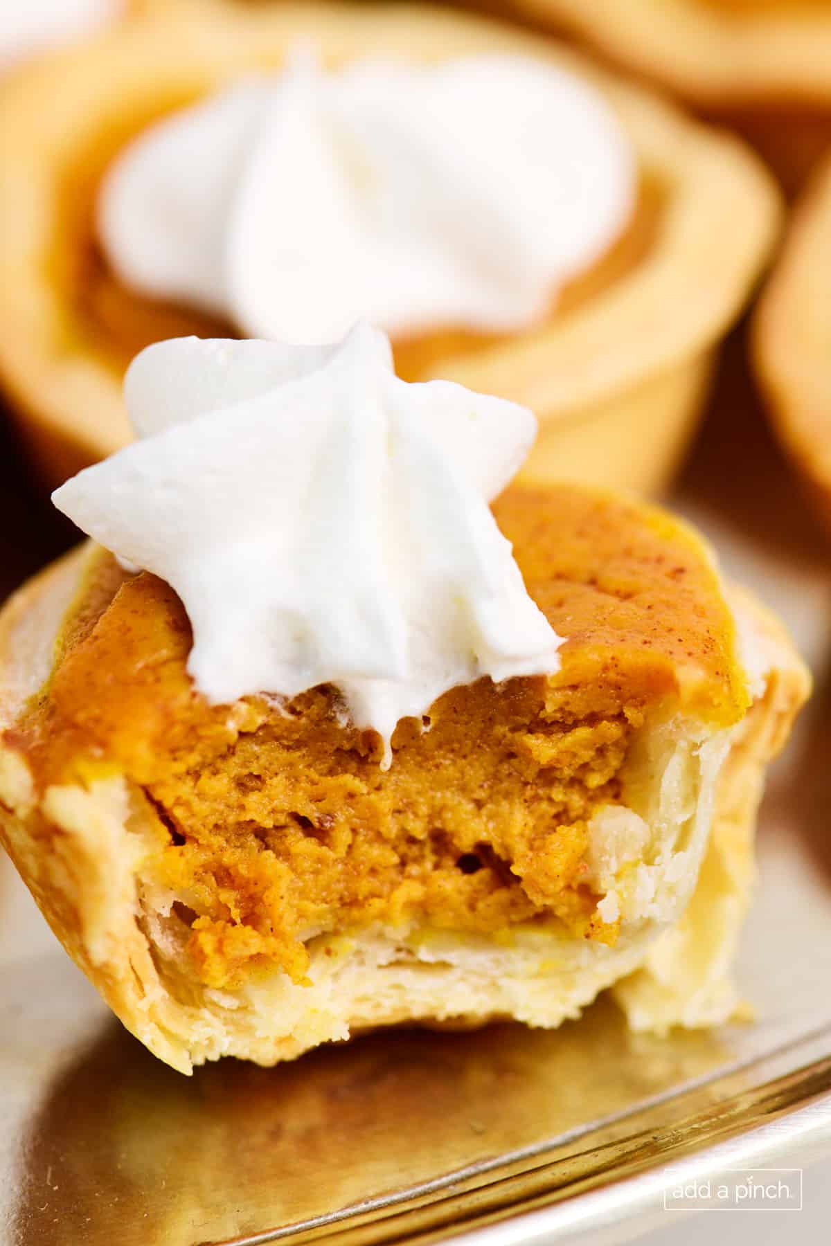 Inside of a mini pumpkin pie with whipped cream.