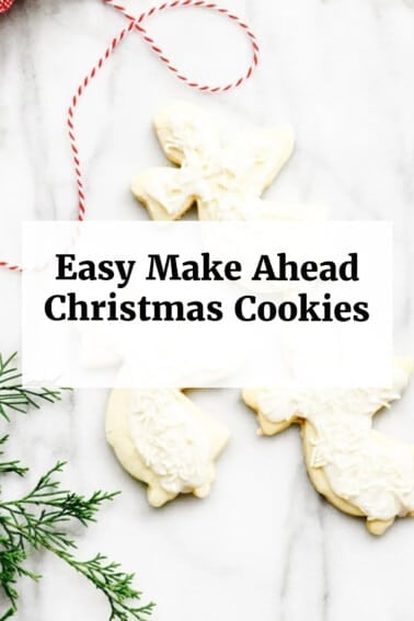 Angel cut-out sugar cookies with text overlay for Make-Ahead Christmas Cookies.