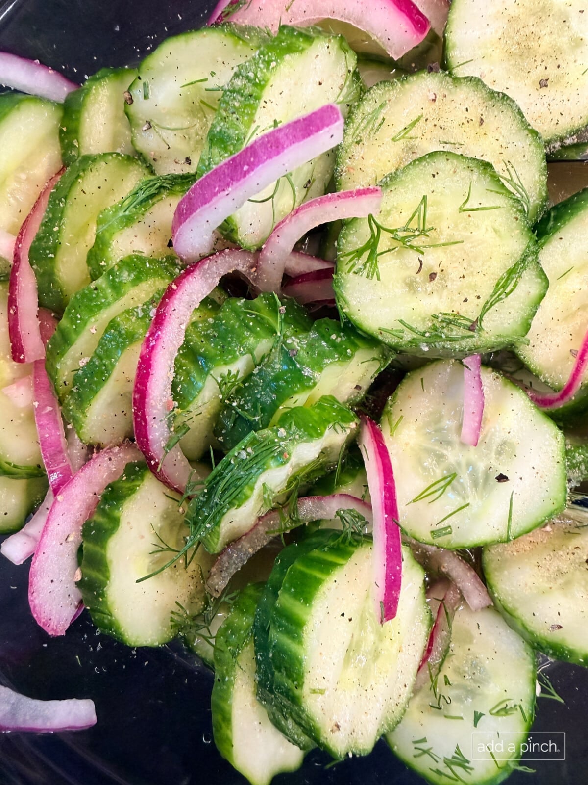 Fresh cucumber onion salad in a glass bowl with tangy vinegar dressing and dill garnish