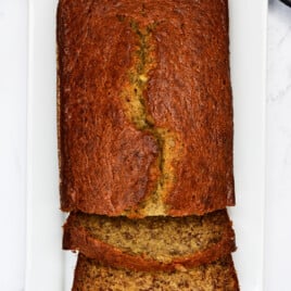 Freshly baked and sliced banana bread.