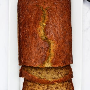 Freshly baked and sliced banana bread.