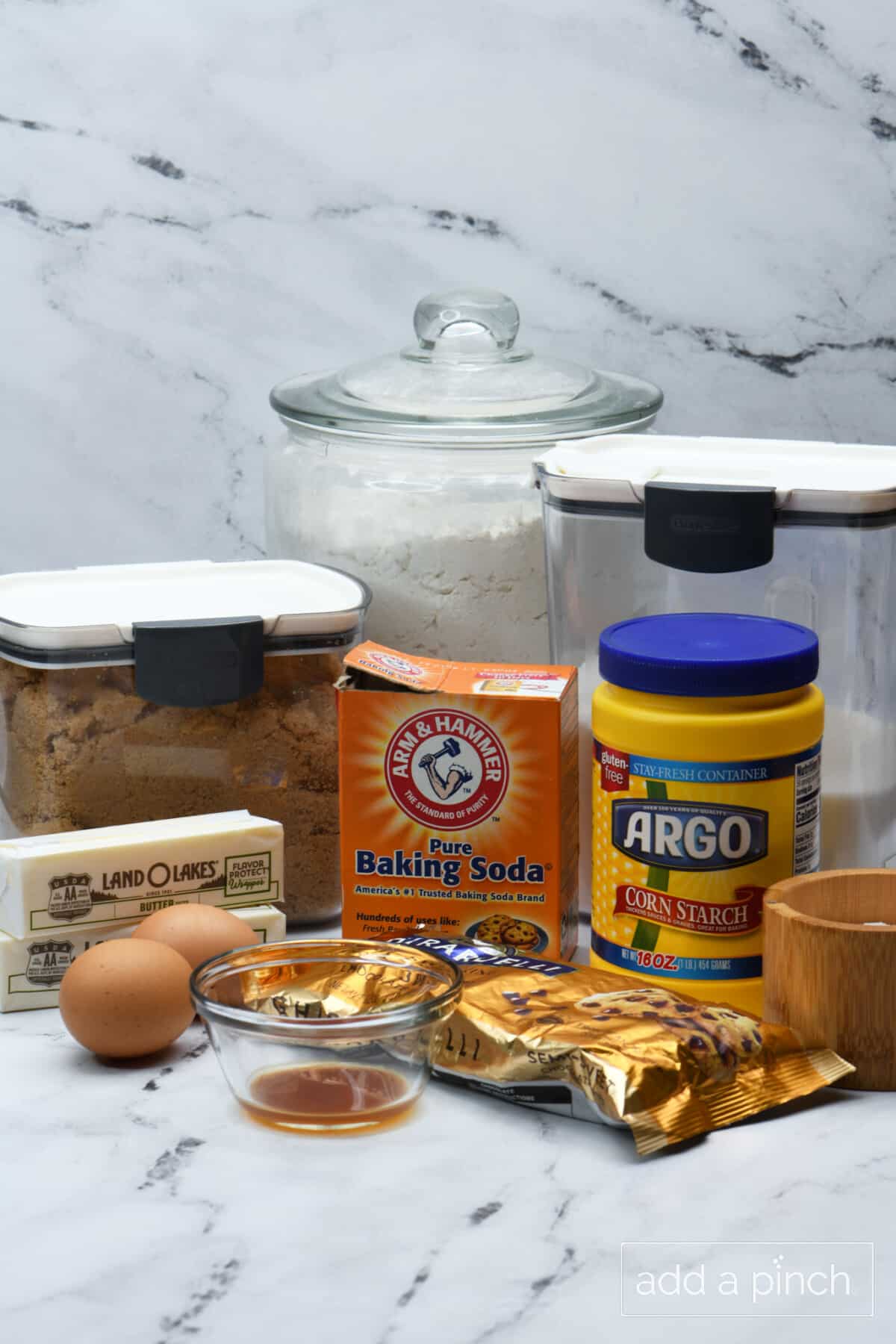 Ingredients to make homemade chocolate chip cookies.