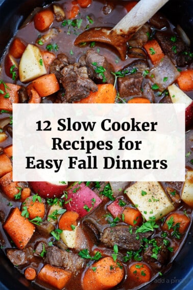 Slow cooker beef bourguignon with a text overlay that reads 12 slow cooker recipes for easy fall dinners.
