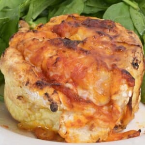 Homemade air fryer pizza rolls on a plate with spinach salad.