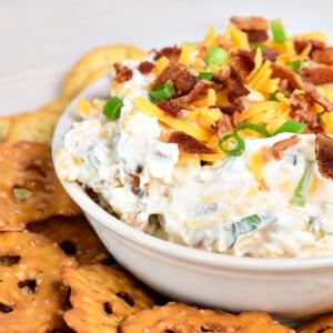 Bacon cheddar dip topped with cheese, bacon, and green onions.