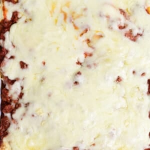 Million dollar spaghetti casserole in a baking dish.
