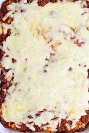 Million dollar spaghetti casserole in a baking dish.