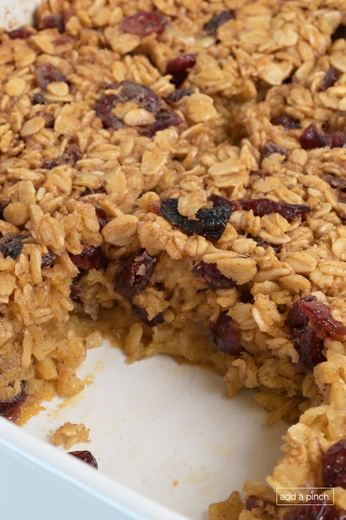 Baked Oatmeal in a white baking dish.