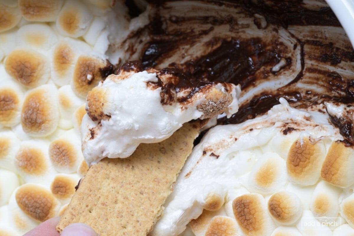 Smore's Dip in a white baking dish with a graham cracker.