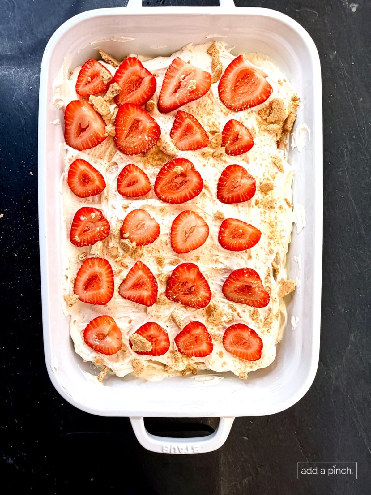 Ready to serve five ingredient, no bake strawberry icebox cake.
