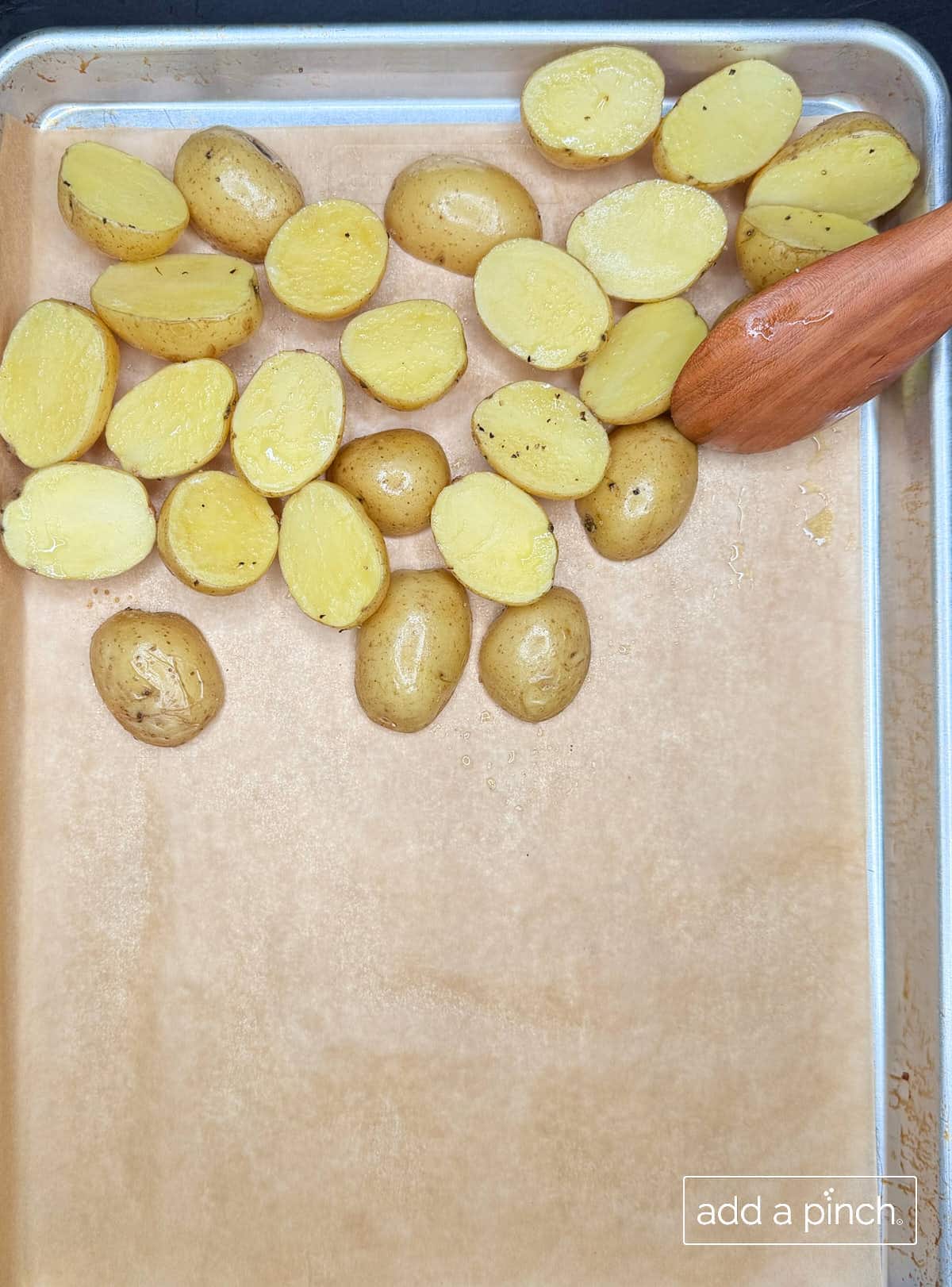 Baby potatoes on sheet pan.